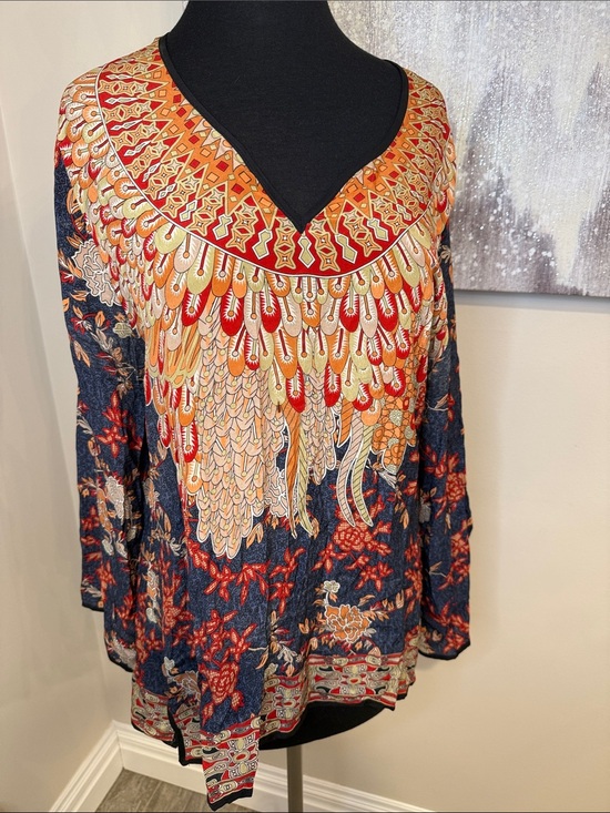 Tolani Tops - 100% SilkWomen’s Printed V-Neck Tunic Top - Navy, Red & Orange